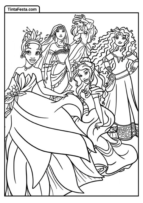 Desenho para Colorir da Princesa Disney de Ariel, Pocahontas, Tiana, Bela e Merida