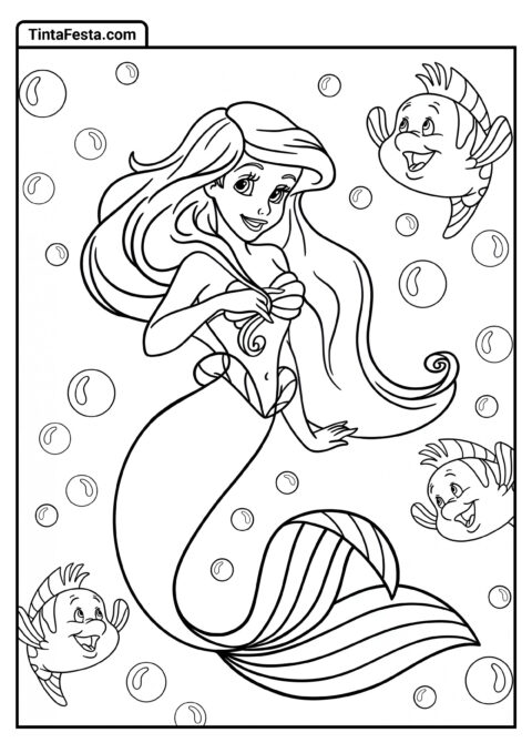 Desenho para Colorir da Princesa Disney de Ariel no Mar com Linguado