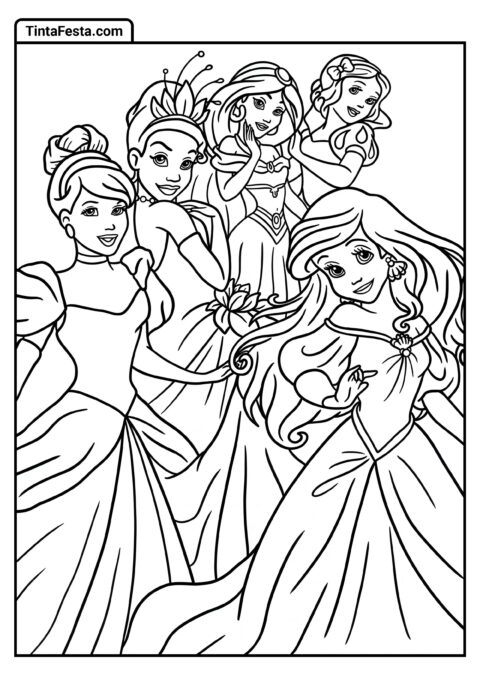 Desenho para Colorir da Princesa Disney de Branca de Neve, Jasmine, Tiana, Cinderela e Ariel