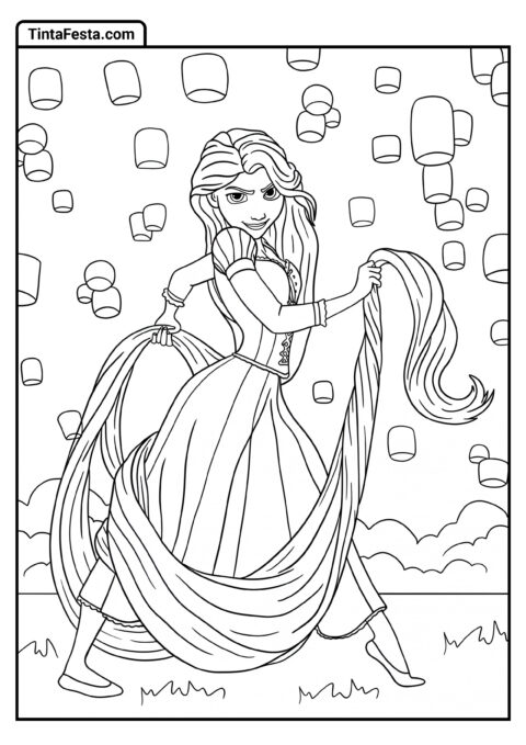 Desenho para Colorir da Princesa Disney de Rapunzel em Pose Icônica