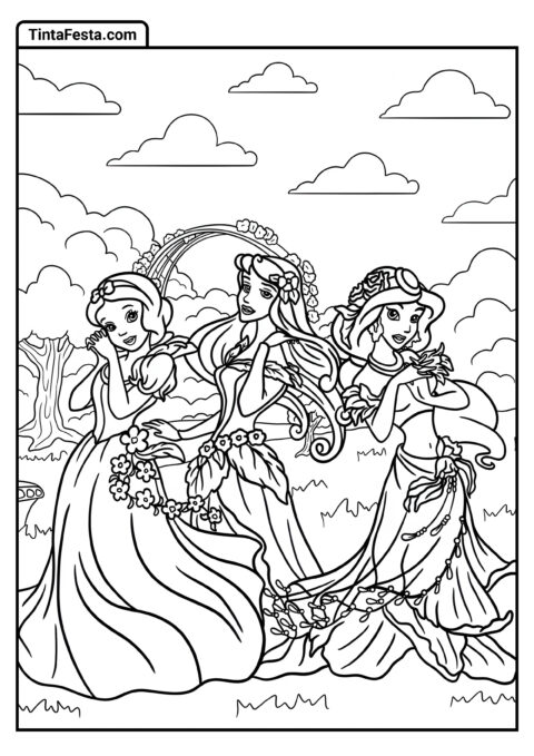 Desenho para Colorir da Princesa Disney de Branca de Neve, Aurora e Jasmine Cercadas de Flores