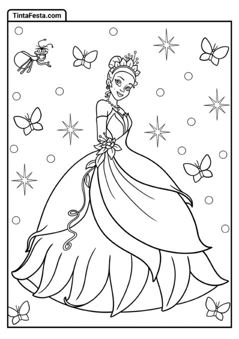 Desenho para Colorir da Princesa Disney de Tiana Cercada por Insetos