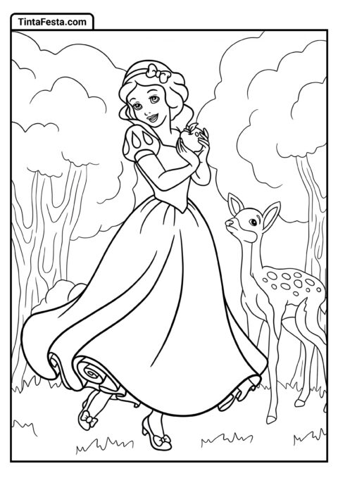 Desenho para Colorir da Princesa Disney de Branca de Neve Cantando na Floresta