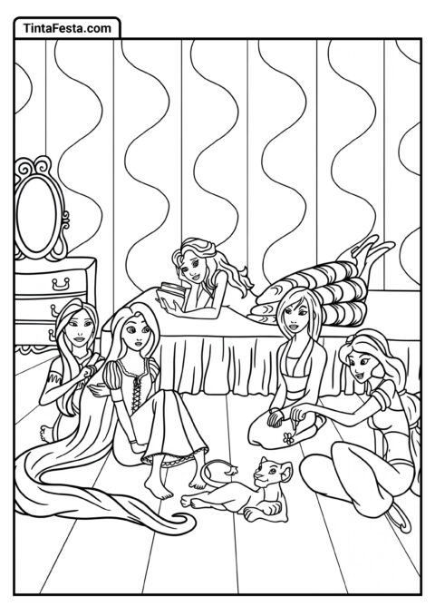 Desenho para Colorir da Princesa Disney de Festa do Pijama