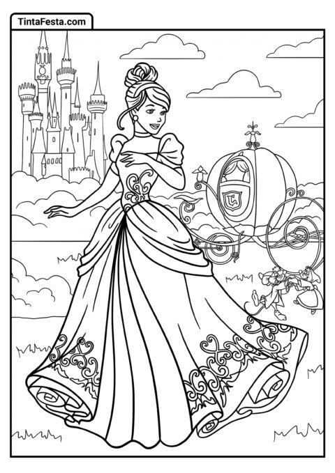 Desenho para Colorir da Princesa Disney de Cinderela Detalhada com Carruagem de Abóbora