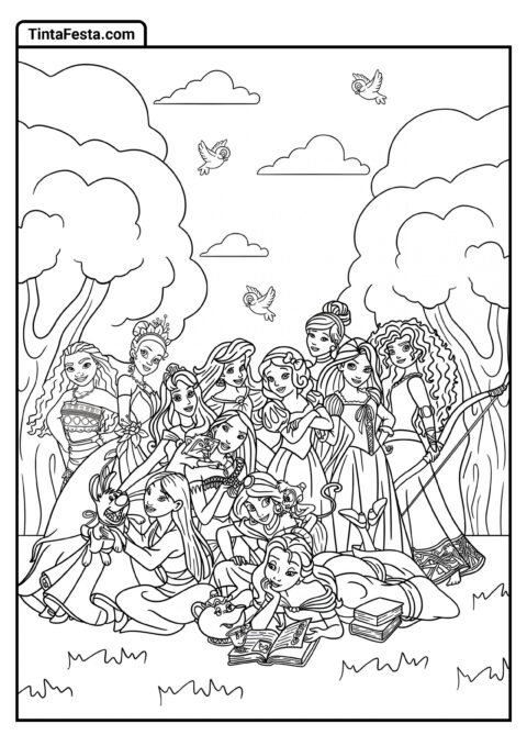 Desenho para Colorir da Princesa Disney de Moana, Aurora, Tiana, Ariel, Mulan, Pocahontas, Cinderela, Merida, Jasmine e Branca de Neve