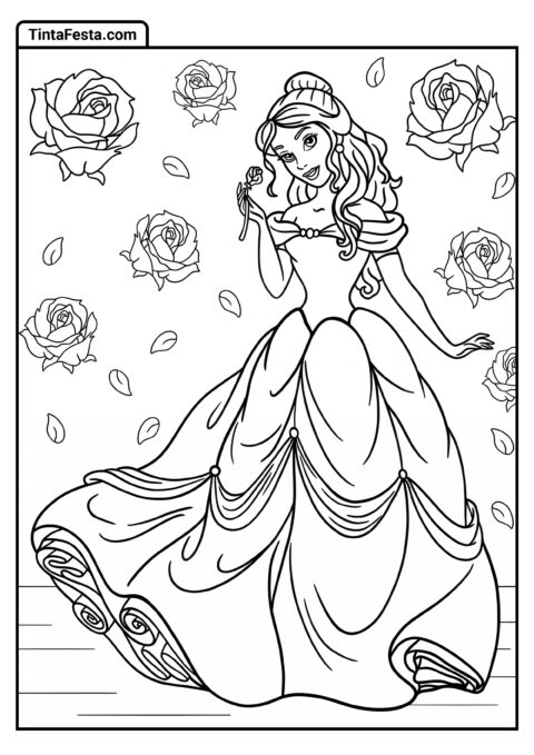 Desenho para Colorir da Princesa Disney de Bela Segurando uma Rosa