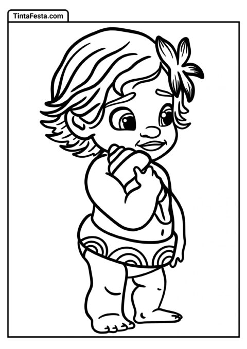 Desenho para Colorir da Princesa Disney de Bebê Moana Segurando Concha