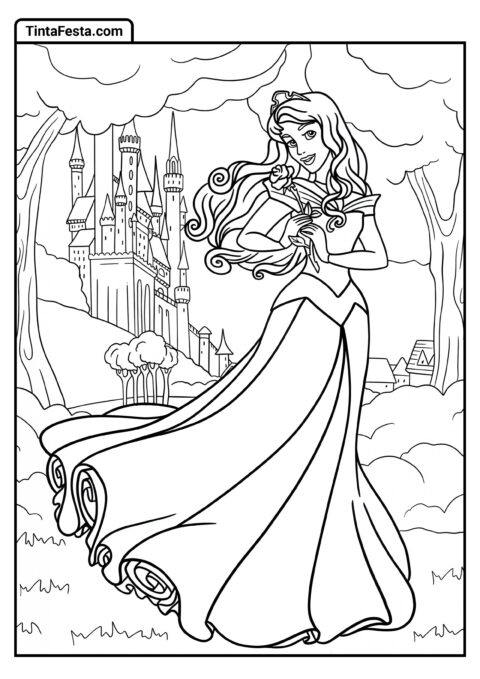 Desenho para Colorir da Princesa Disney de Aurora, a Bela Adormecida na Floresta