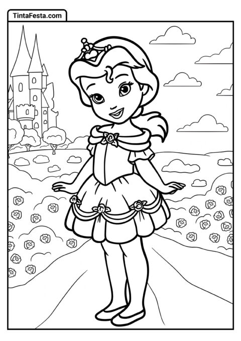 Desenho para Colorir da Princesa Disney de Pequena Bela no Vestido