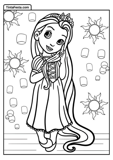 Desenho para Colorir da Princesa Disney de Kawaii Rapunzel