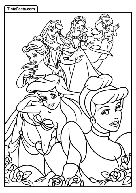 Desenho para Colorir da Princesa Disney de Jasmine, Branca de Neve, Bela, Aurora, Ariel e Cinderela