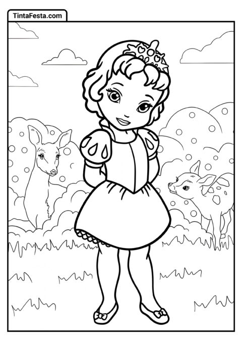 Desenho para Colorir da Princesa Disney de Chibi Branca de Neve com Amigos Animais