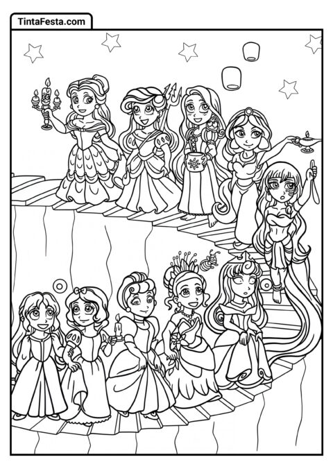 Desenho para Colorir da Princesa Disney de Versões Chibi