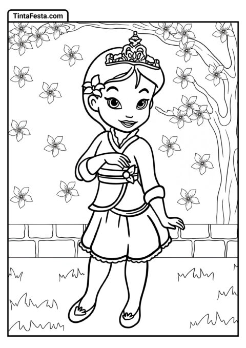 Desenho para Colorir da Princesa Disney de Jovem Mulan Sob Flor de Cerejeira