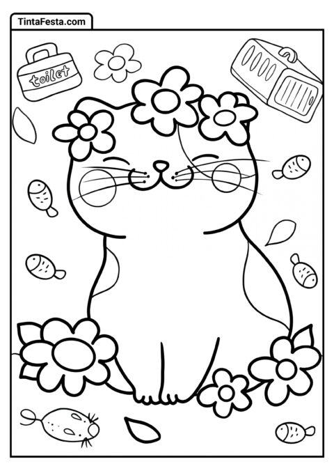 Gato Desenho Animado Com Flores Para Colorir Para Pré-escolares