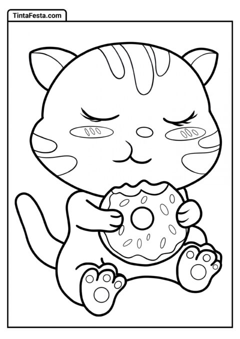 Folha Para Colorir De Gato Fofo Comendo Donut