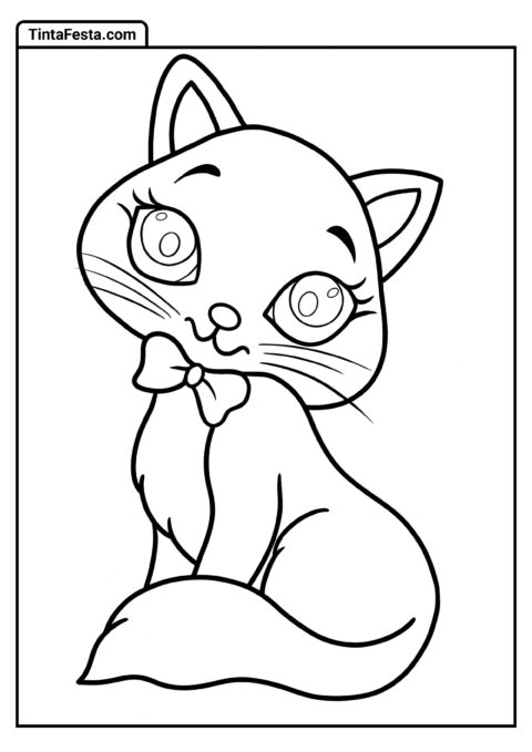 Gata Kawaii Com Laço Para Colorir