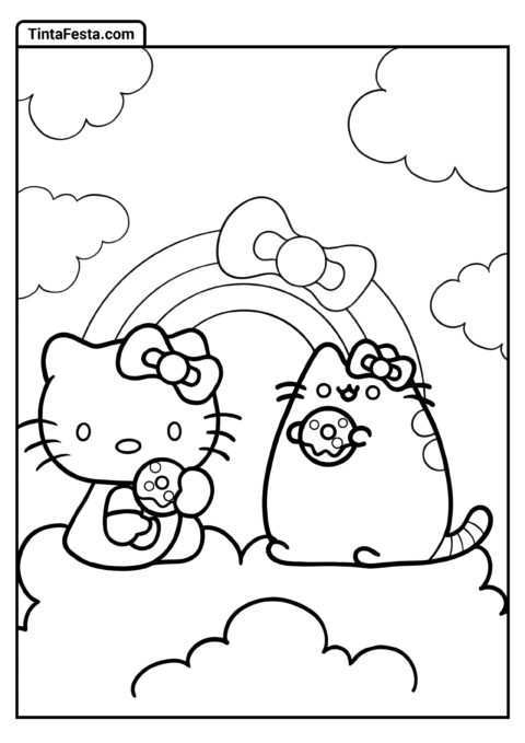 Hello Kitty E Pusheen Comendo Donut Nas Nuvens