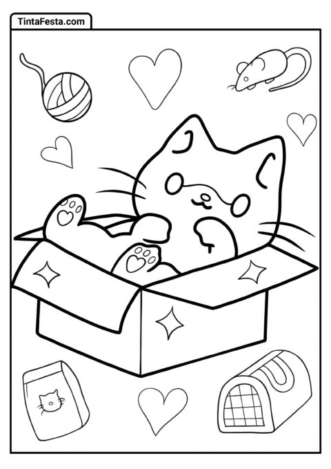 Gato Kawaii Na Caixa Para Colorir