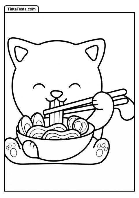 Gato Comendo Ramen Página Para Colorir Para Crianças