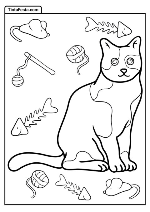 Gato Com Brinquedos E Comida Para Colorir