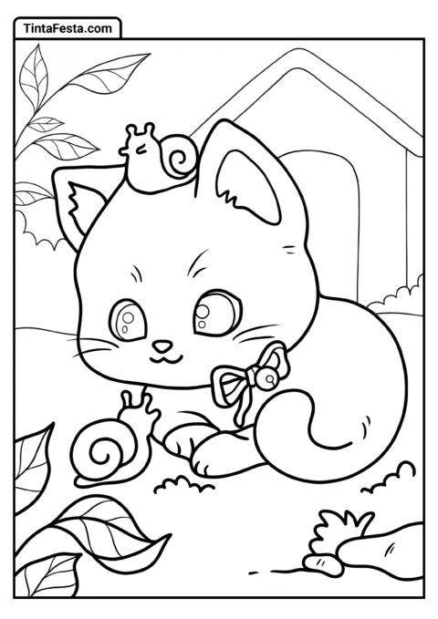 Folha Para Colorir De Gatinho Brincando Com Caracóis