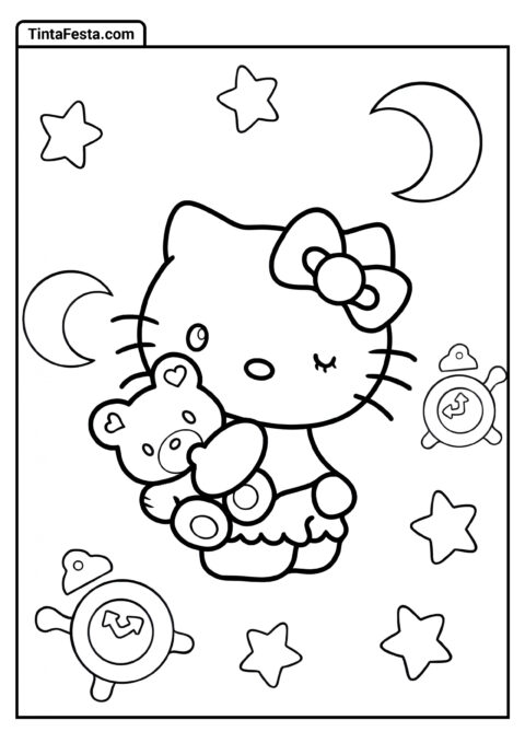 Página Para Colorir De Hello Kitty Abraçando Ursinho