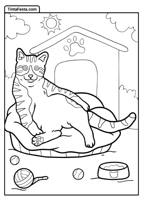 Gato Deitado Na Cama Folha Para Colorir