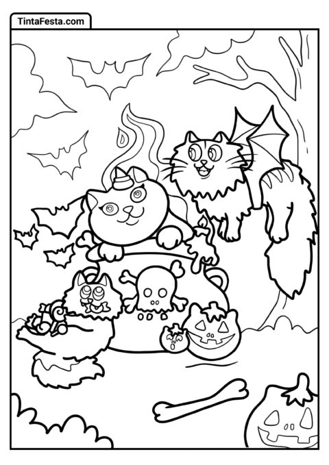 Gatos Com Morcegos Páginas De Halloween Para Colorir