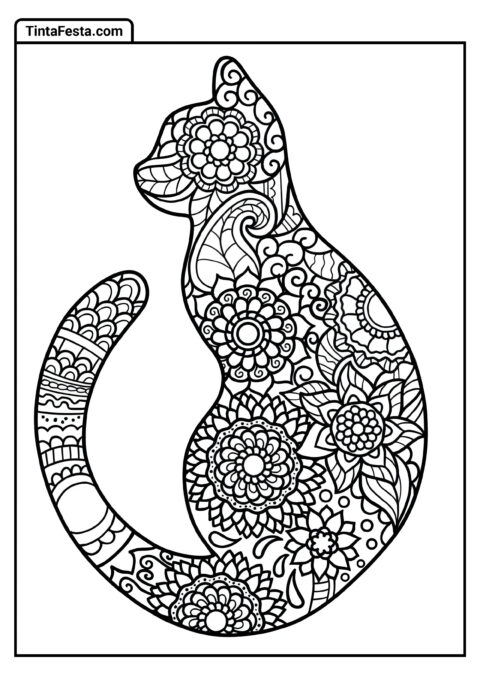 Mandala Floral Em Forma De Gato Para Colorir