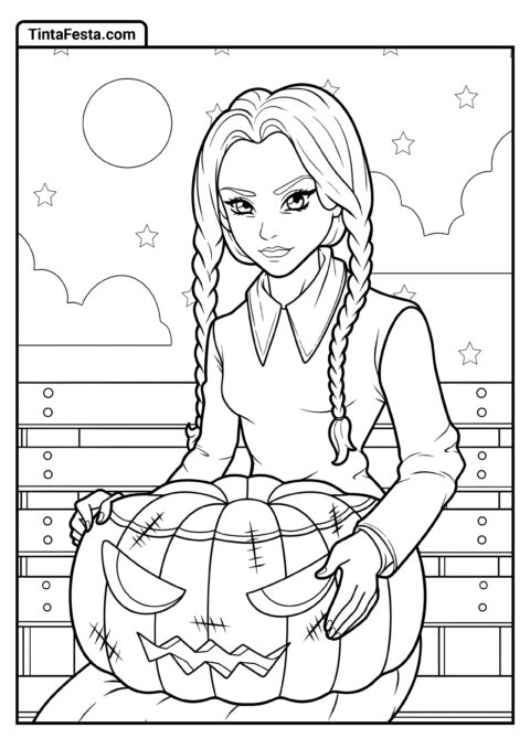 Desenho da Wednesday para Colorir Segurando Abóbora de Halloween