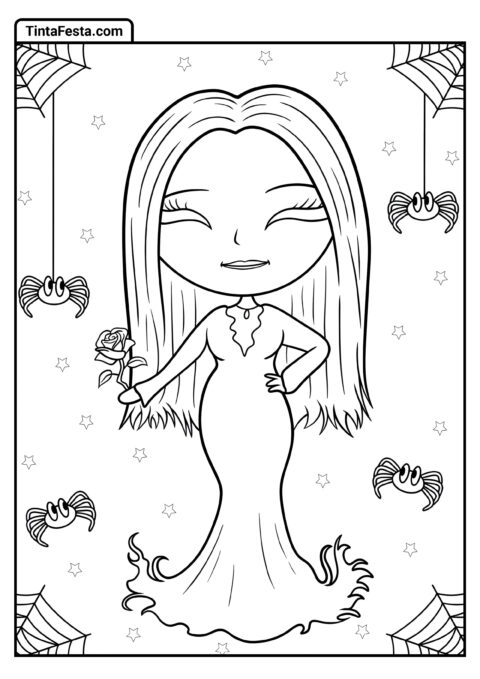 Desenho da Wednesday para Colorir de Morticia Addams Chibi Segurando Rosa para Crianças