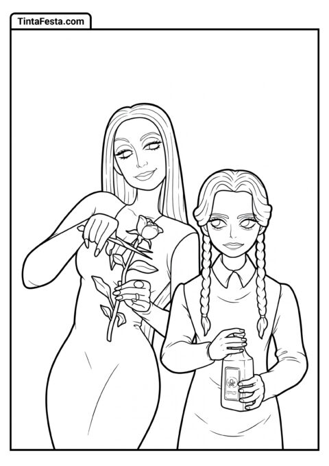 Desenho Fácil de Morticia Addams Segurando Rosa com Wednesday para Colorir