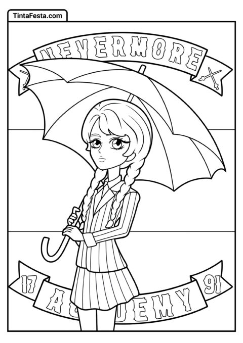 Desenho da Wednesday para Colorir de Desenho Animado Segurando Guarda-chuva