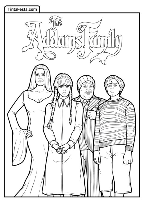 Desenho da Wednesday para Colorir do Poster da Família Addams com Morticia, Pugsley e Gomez