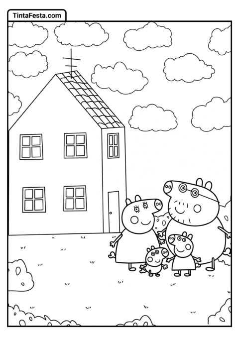 Peppa, Mamãe, Papai e George Pig com a Casa