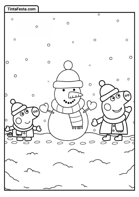 Peppa e George com Boneco de Neve para Colorir