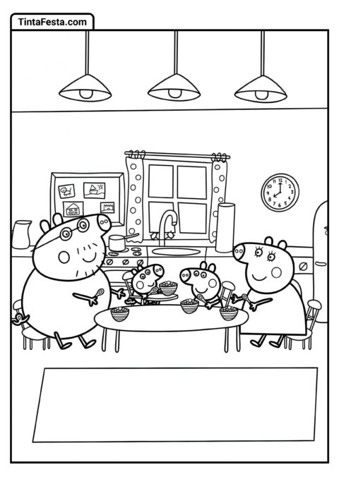 Família Peppa Pig Jantando na Mesa para Colorir