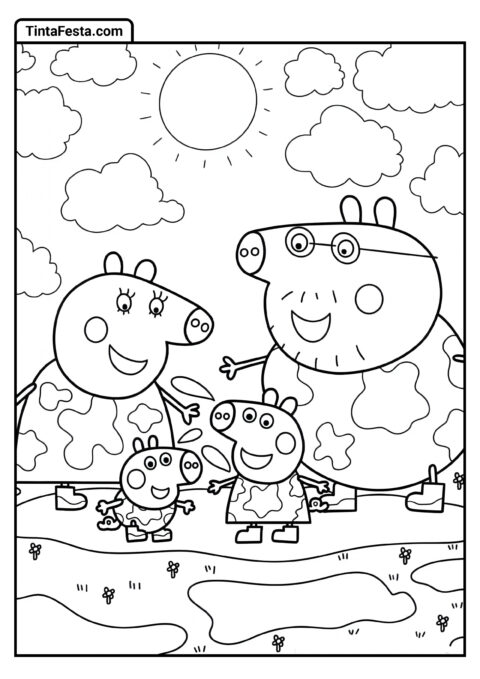 Família Peppa Pig Pulando na Lama Página para Colorir